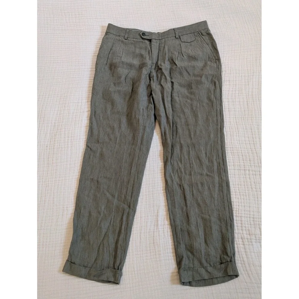 Stafford Mens 34x30 OG Sage Olive Green 100% Linen Baker Pants Pleated Cuffed